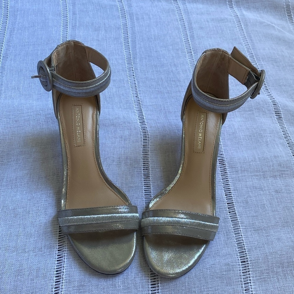 Antonio Melani silver leather heels with ankle strap.